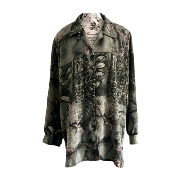 Vintage Tops - Vintage Tanjay Green Purple Floral Plants Button Down Shirt Ethereal Garden 20W